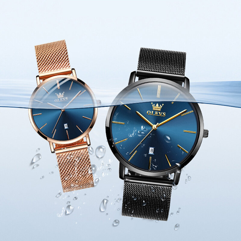 OLEVS jam tangan pasangan, jam tangan mewah Milan tali baja tahan air dengan permukaan jam kalender Ultra tipis modis bisnis Set hadiah