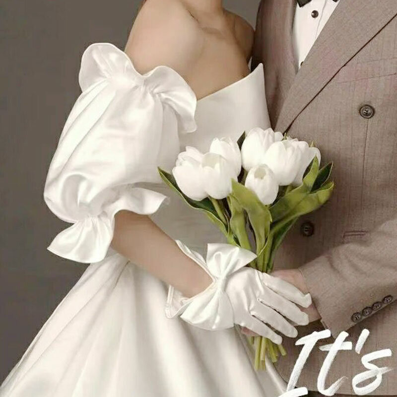 Атласные свадебные рукава, свадебные рукава с буфами, белые атласные манжеты, съемные Свадебные велосипедные элегантные свадебные перчатки средней длины