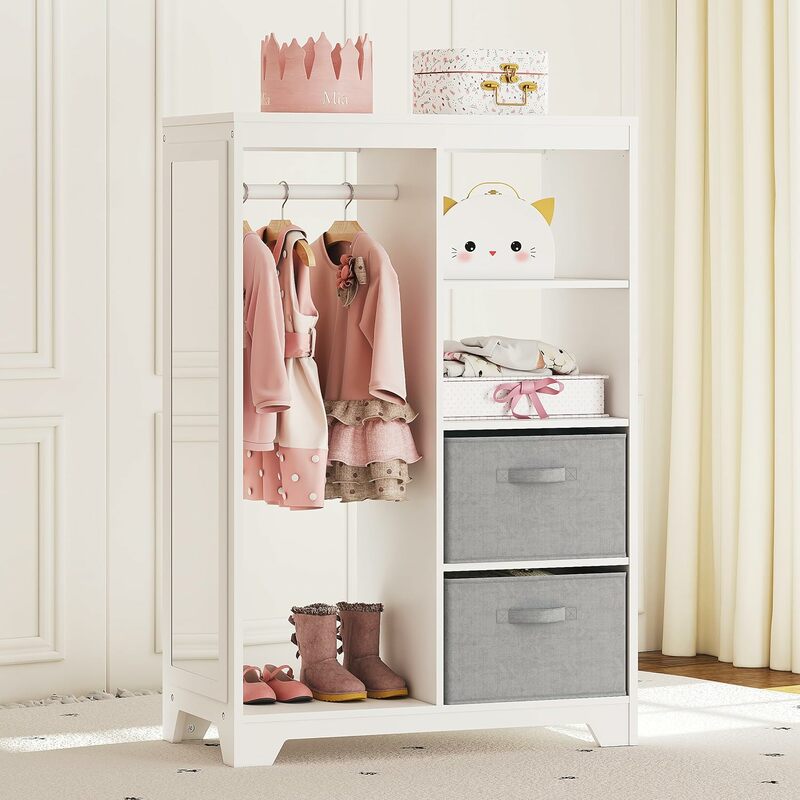 Kids Dress Up Storage with Full Length Mirror, Kids Armoire with 2 Storage Bins, Opening Hanging Costume Closet Wardrobe