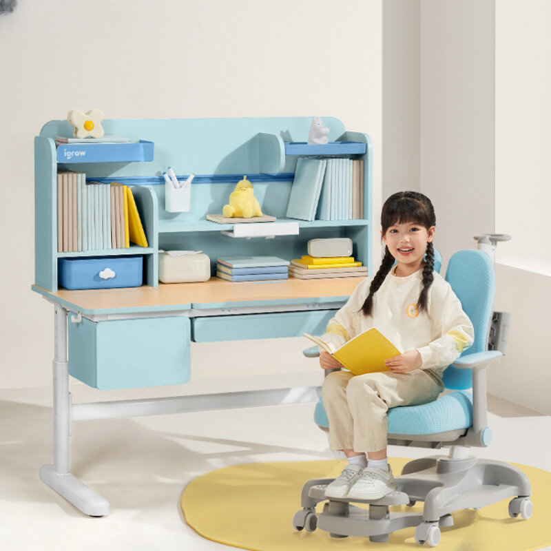 Children's study desk, primary school household desk, adjustable writing desk, solid wood desk and chair set