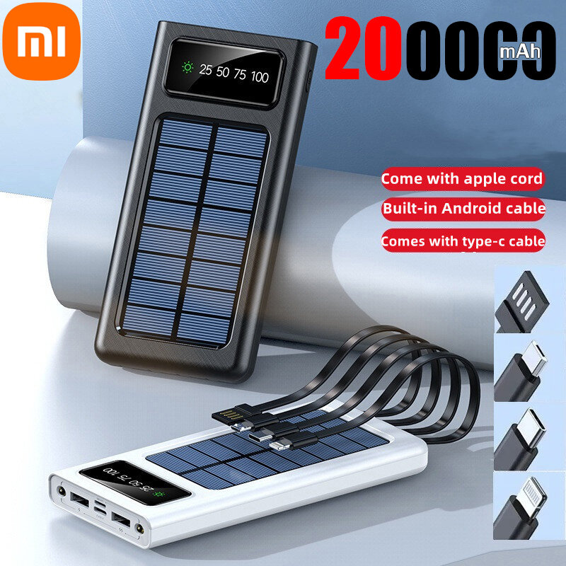 Xiaomi Solar Power Bank 200000mAh Solar Battery Large Capacity Two-way Fast Charging Built-in Cable Power Bank External Battery