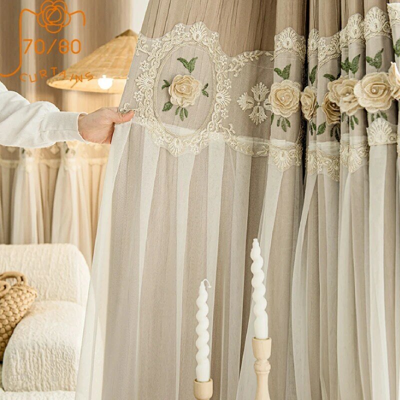 French Lace Double-layer Milk Tea Embroidered Yarn Splicing Curtains for Living Room Bedroom French Window Customized Products