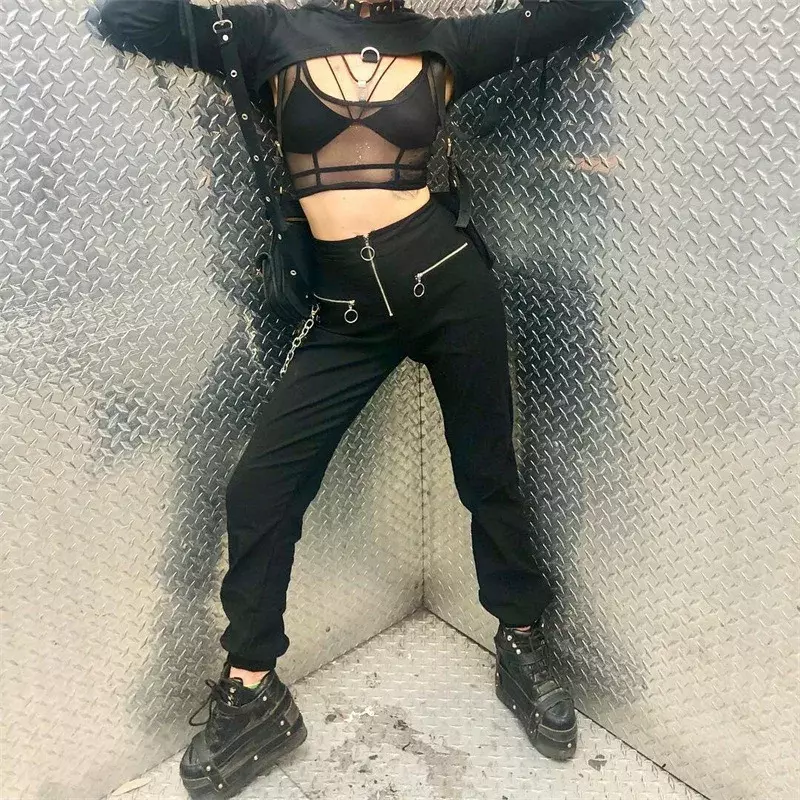 Estilo gótico Harajuku com zíper para mulheres, calça harém casual, calça preta pura, moda cool, calça hip-hop, corrente