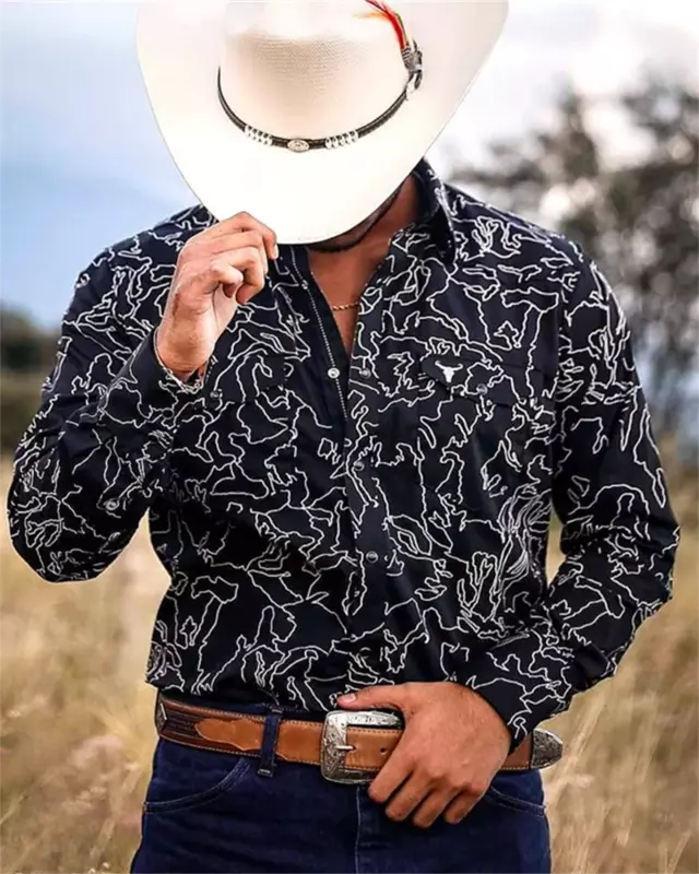 2024 nuova camicia da uomo in denim occidentale con risvolto abbottonato camicia casual a maniche lunghe di alta qualità taglia oversize