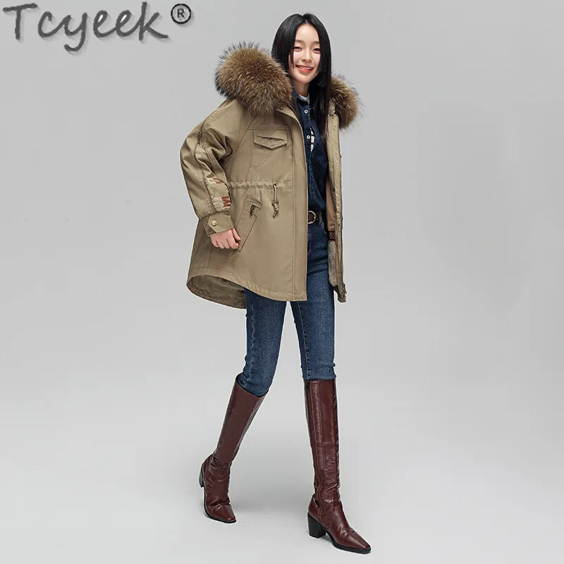 Парка Tcyeek средней длины 2024, женское элегантное пальто со съемной подкладкой из кролика Рекс, зимняя женская одежда, теплый воротник из меха енота