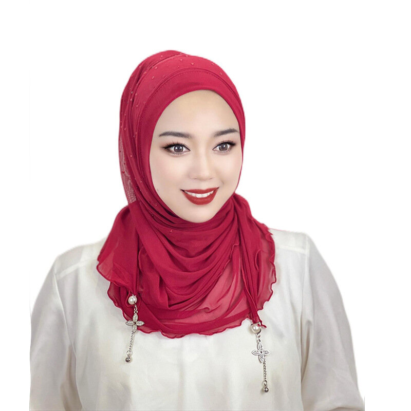 Pull On Wear Scarf Muslim Women Instant Hijab Pearl Diamond Tassel Turban Islamic Amira Shawls Stoles Headwrap Prayer Headscarf