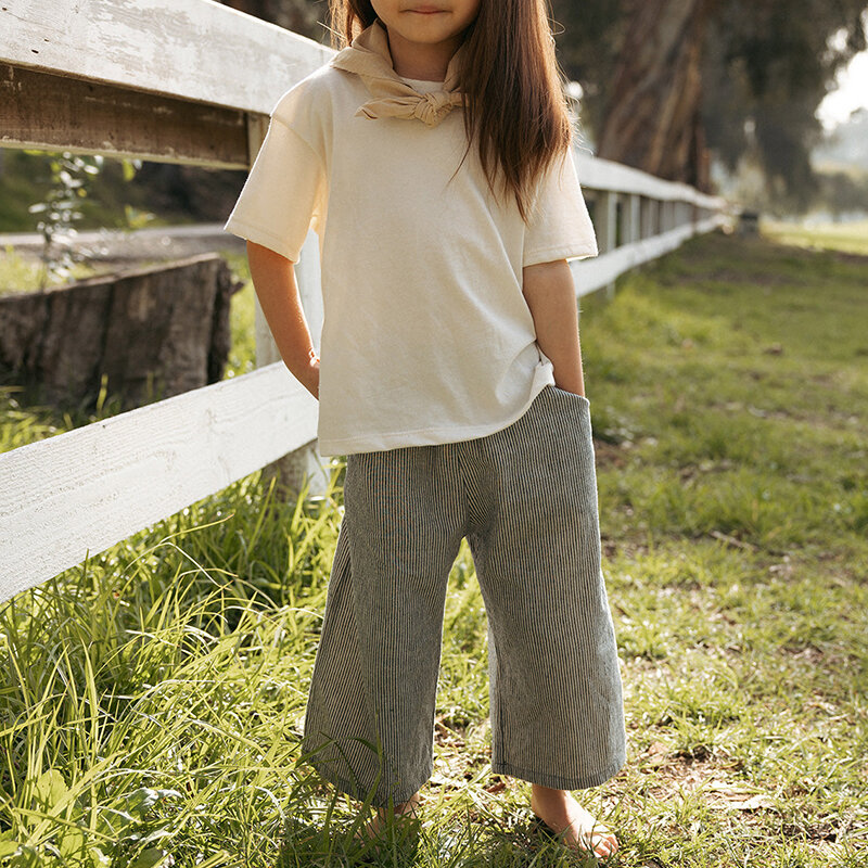 Retro Linen Black Striped Children's Trousers Summer New Girls Casual Elastic Waist Pockets Loose Cotton And Linen Pants