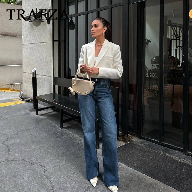 TRAFZA 2024 primavera estate Office Lady blazer corti moda Casual Solid Single Button Shrug eleganti giacche corte Chic