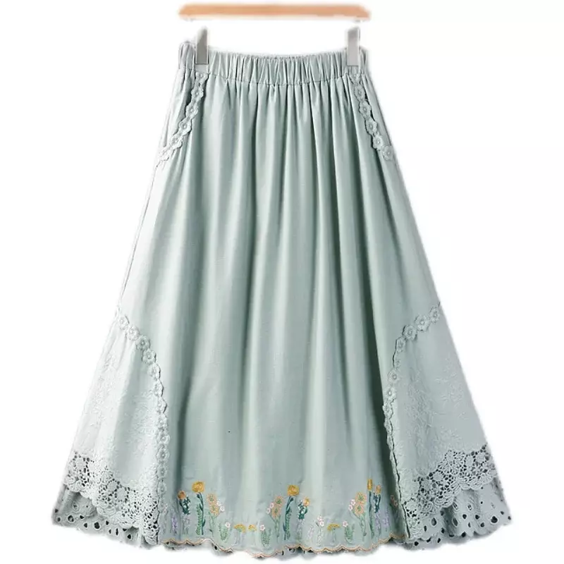 Wiosna lato japoński styl Mori Girl uroczy haft kwiatowy bawełna lniana spódnica kobiety Retro elastyczna talia wydrążona na lniana spódnica s
