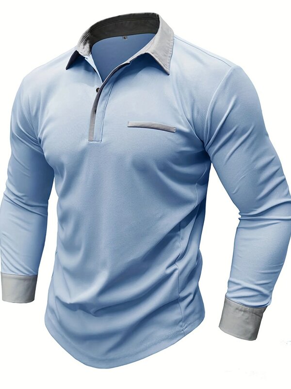 Large men's casual long sleeved polo shirt with a lapel collar