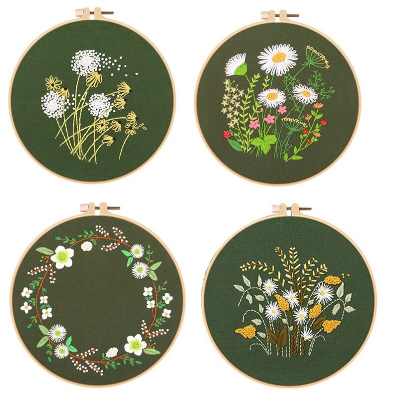 4 Sets Hand Embroidery Set For Beginners Adults , Embroidery Kit Includes Flower, Hoop, Color Threads, Tools, Durable