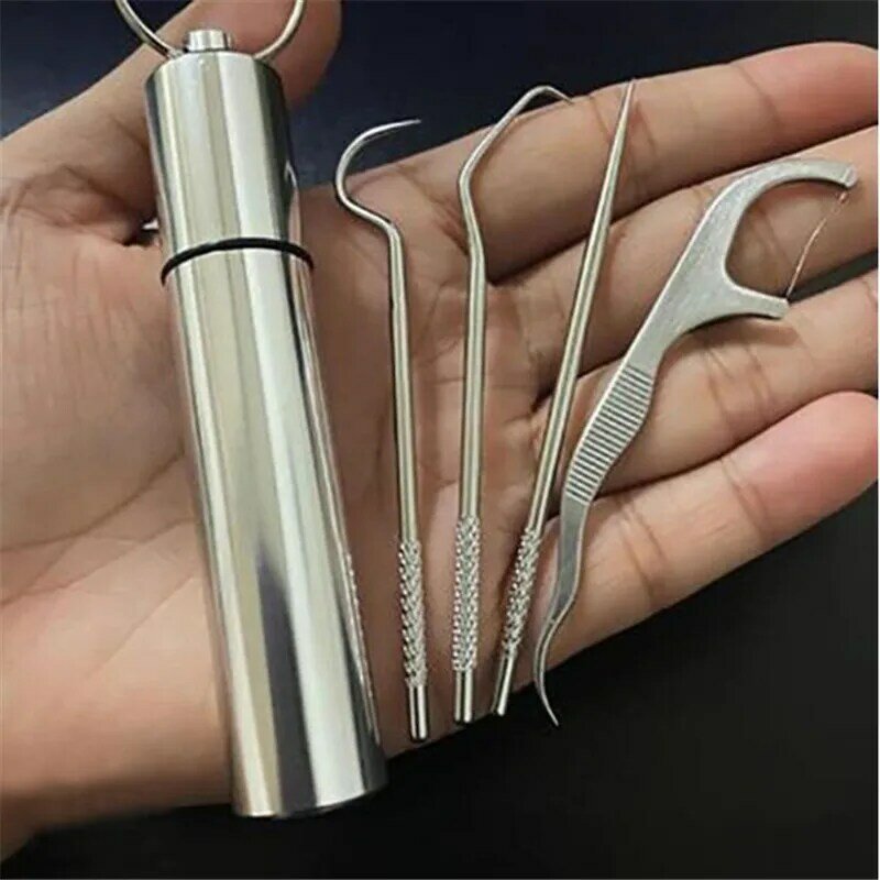 4Pcs Toothpick Set Metal Stainless Steel Oral Cleaning Tooth Flossing Portable Toothpick Floss Teeth Cleaner with Storage Tube