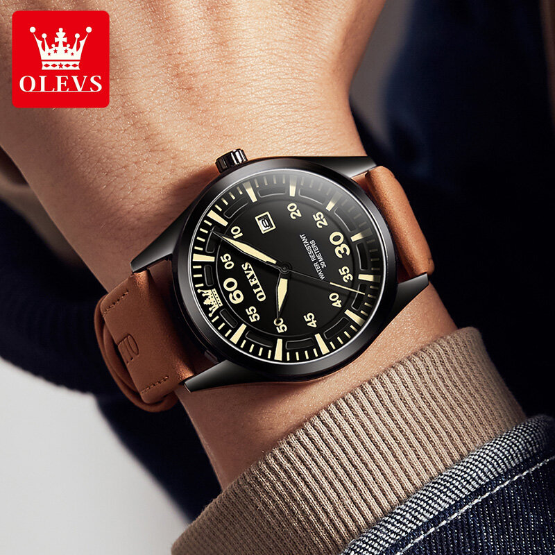 แบรนด์ OLEVS นาฬิกาควอทซ์แฟชั่นสำหรับผู้ชายสายหนังกันน้ำปฏิทินเรืองแสงนาฬิกาผู้ชายหรูหรา relogio masculino