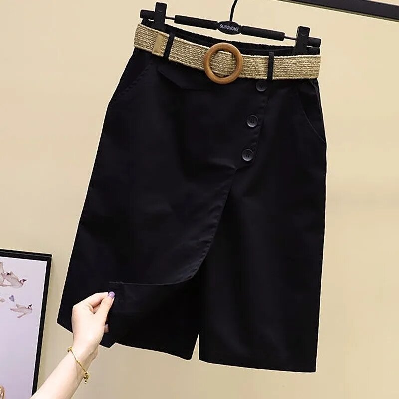 กระโปรงทรงตรงสำหรับผู้หญิงกางเกงขาสั้นสำหรับฤดูร้อนขากว้างสีฟ้าเอวสูงมีกระเป๋า MODE Korea สั้นสีดำ