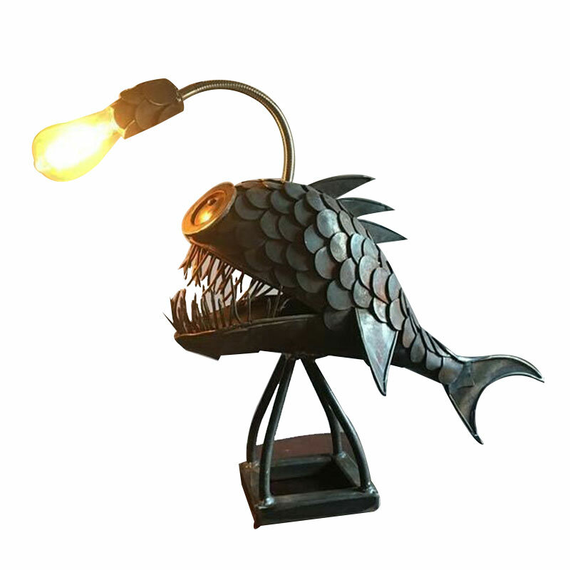 Lámpara de mesa Retro, luz de pez pescador con cabeza de lámpara Flexible, lámparas de mesa artísticas para el hogar, Bar, cafetería, adornos decorativos de arte para el hogar