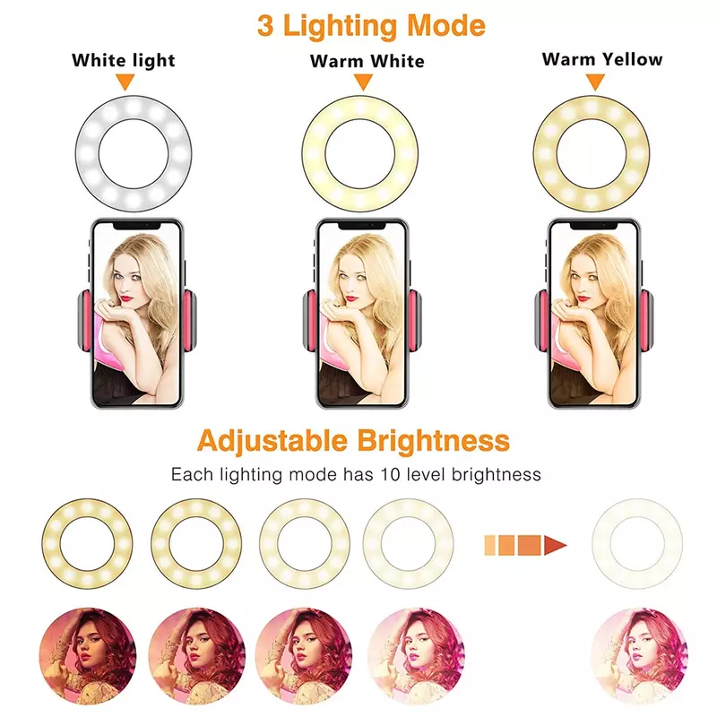 Flexível Dimmable LED Selfie Anel Light Clip com Suporte de Telefone Celular, Candeeiro de Mesa, Candeeiro de Mesa, Photo Studio, USB Recarga