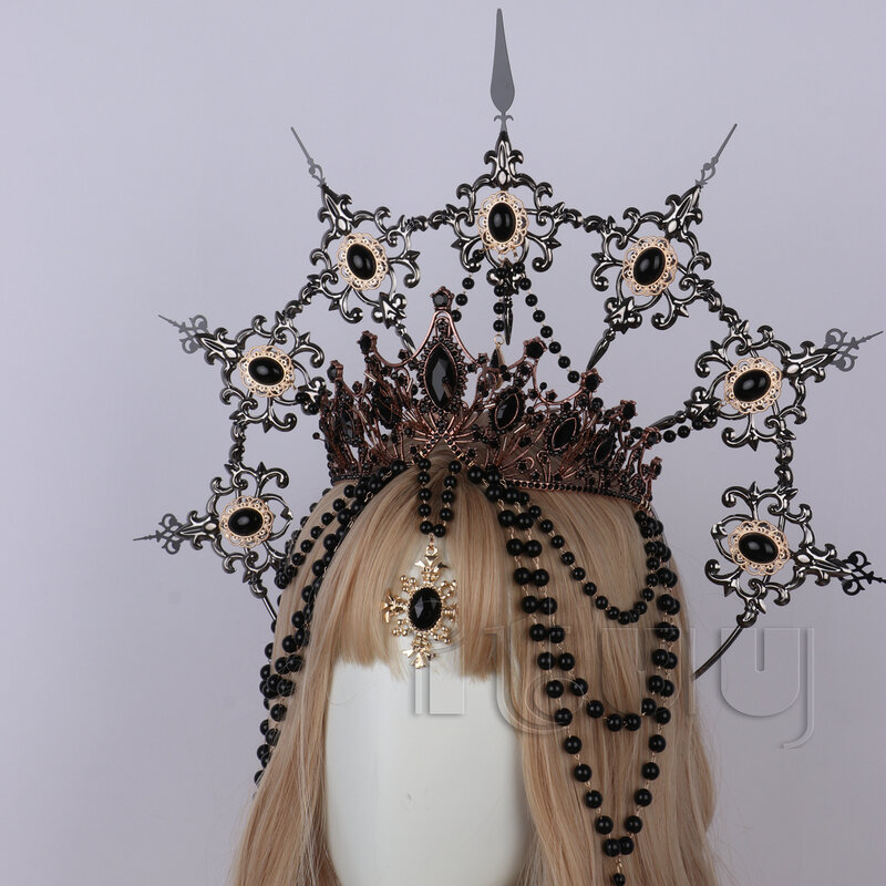 Corona de Halo hecha a mano de Lolita, diosa KC, Virgen María, Aura oscura, Cruz con pinchos, tocado de corona con cadena de cuentas negras