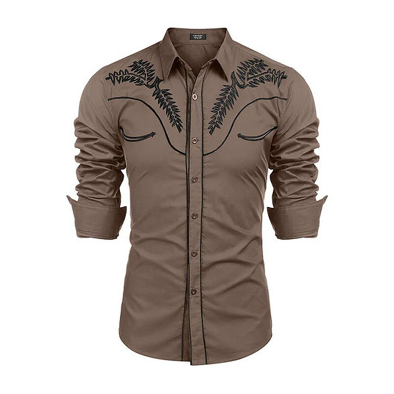 Camisa retrô manga longa estampada masculina, com botão baixo, camisa lapela casual, tops vintage, outwear de alta qualidade, moda
