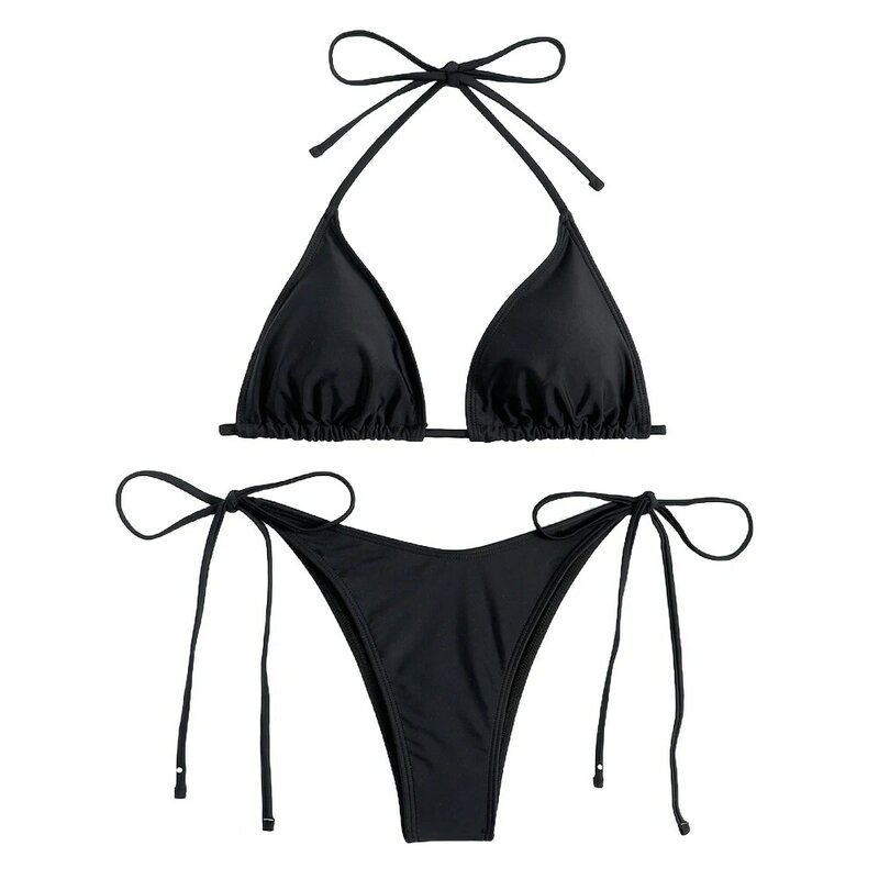 Seksowne damskie stringi stringi jednolity kolor Bikini zestaw Halter Tie strój kąpielowy