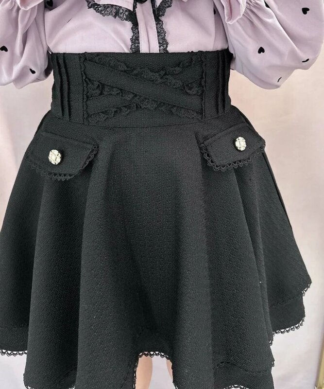 Lolita Tweed doppio corno croce cintura corta gonne nere Kawaii 2024 estate nuovo stile giapponese carino gonna sovrapposta per le donne