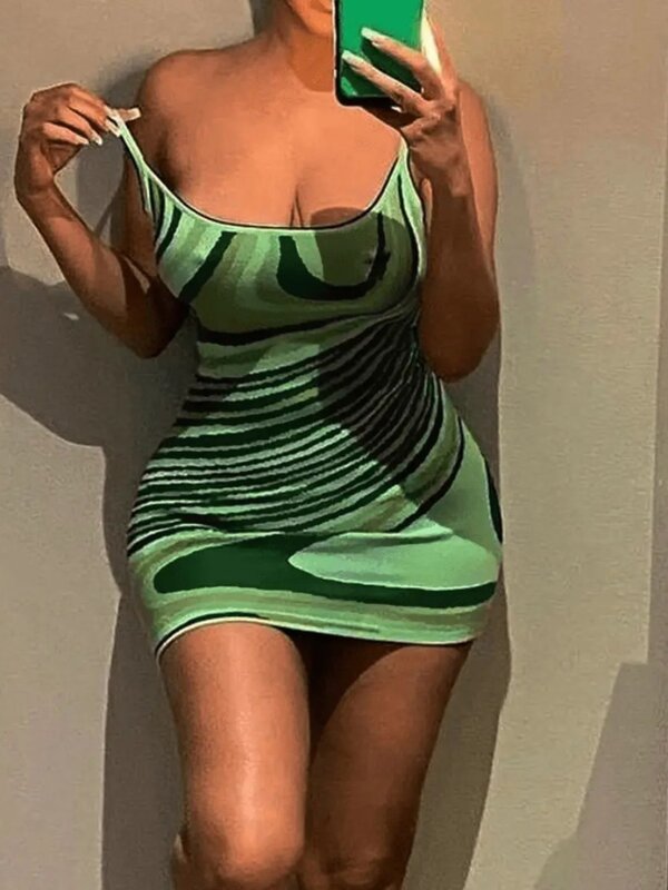 LW Color Block Mini Dreses Spaghetti Straps Sexy Waist Water Ripple Printing Knitted Suspender Bodycon Cami Dress