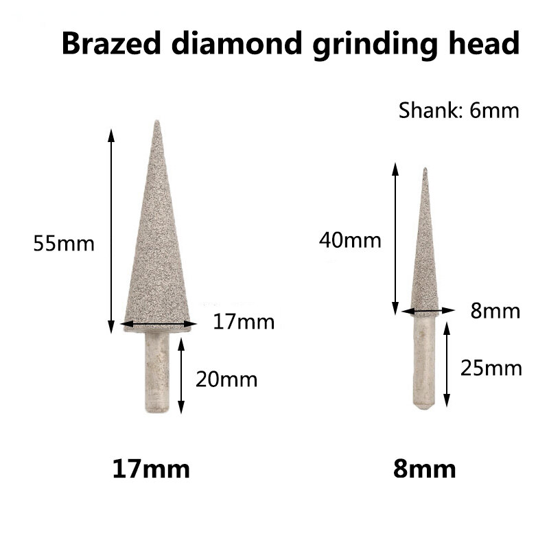 コーンタイプろう付けダイヤモンドグラインダーヘッド、研磨研磨アクセサリー、ドレメルロータリーツール、6mmシャンク、8mm、17mm