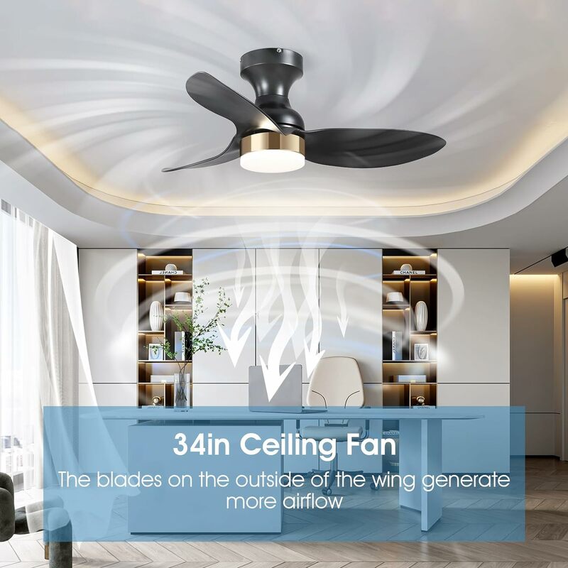 Low Profile Flush Mount Ceiling Fans with Lights and Remote&APP,34in Black Modern Ceiling Fans For Outdoor Patio,Small room