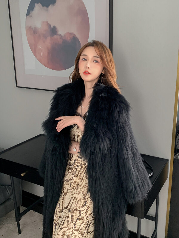 Nuovo grande risvolto stile elegante importato pelliccia di volpe pelliccia di procione cappotto di pelliccia intrecciata da donna di media lunghezza