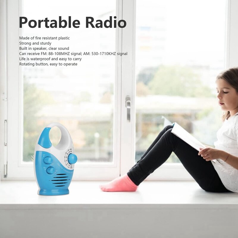 Rádio de chuveiro impermeável com volume ajustável, Alto-falantes portáteis com alça de gancho, Rádio AM FM, Fácil de usar