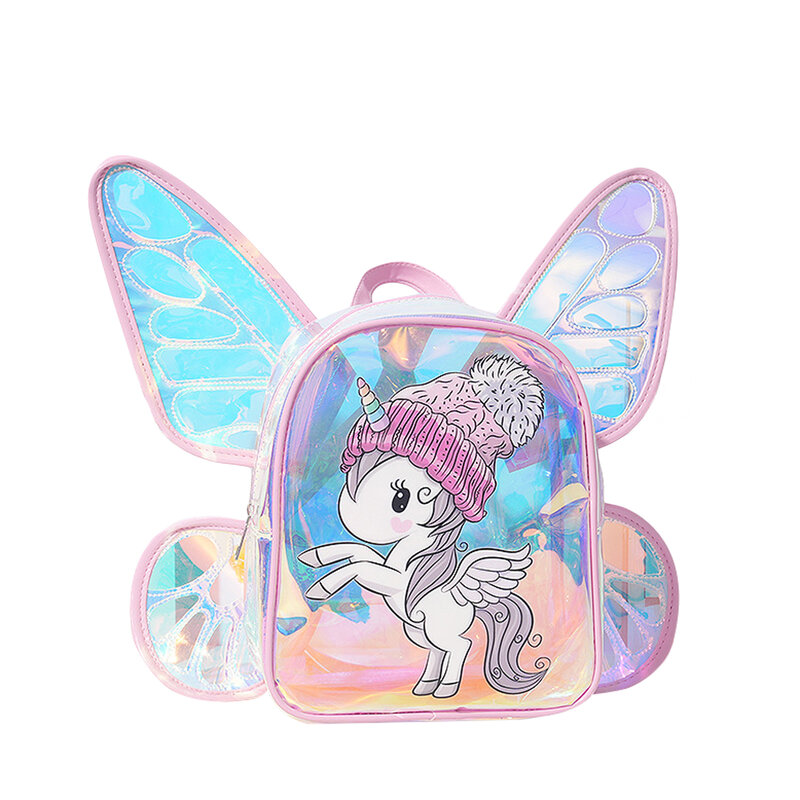 Plecak dla dziewcząt dla dzieci kreskówka plecak laserowy koń skrzydła motyla duża pojemność zapięcie na zamek Casual tornister
