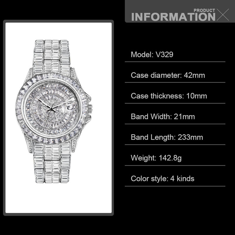 Relógio de diamante totalmente baguette masculino, quartzo gelado, relógio Hip Hop masculino, relógios de prata à prova d'água, drop shipping