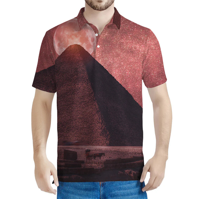 Polo con estampado 3D de pirámide antigua para hombre, camiseta informal de calle de gran tamaño, manga corta con botón de solapa de verano
