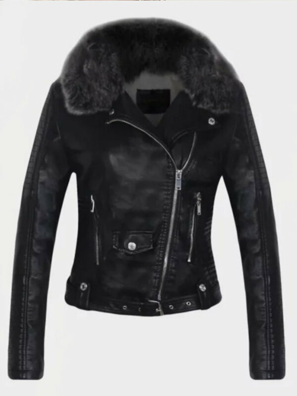 Mode populer 2024 jaket kulit Faux hangat untuk wanita dengan sabuk kerah bulu jaket Luaran pengendara sepeda motor hitam Pink untuk wanita