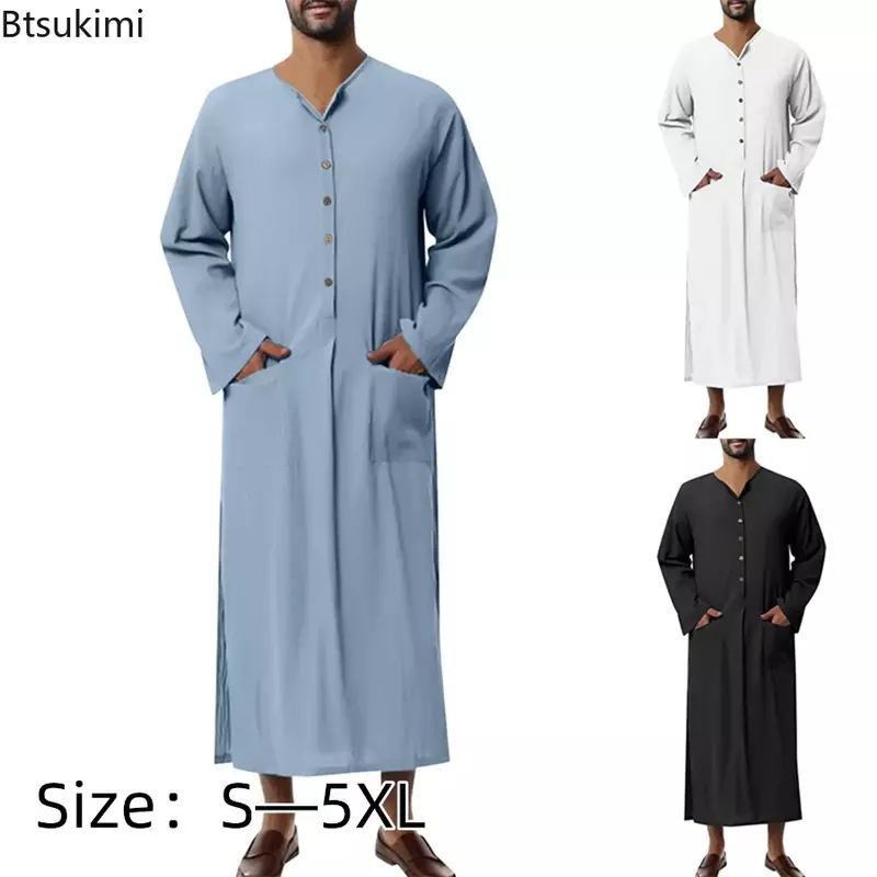 Baru 2024 jubah lengan panjang Muslim pria jubah Muslim Jubba Thobe kasual Kaftan kancing penutup warna Solid celah pakaian Arab untuk pria
