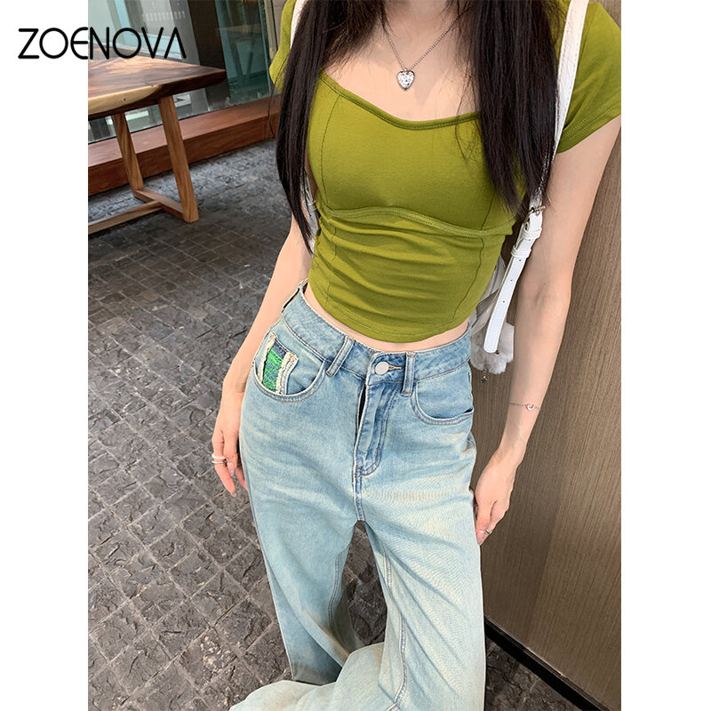 ZOENOVA-Jeans solto micro queimado feminino, calça reta de perna larga, jeans casual Y2K, moda feminina, Harajuku, primavera, outono, 2024