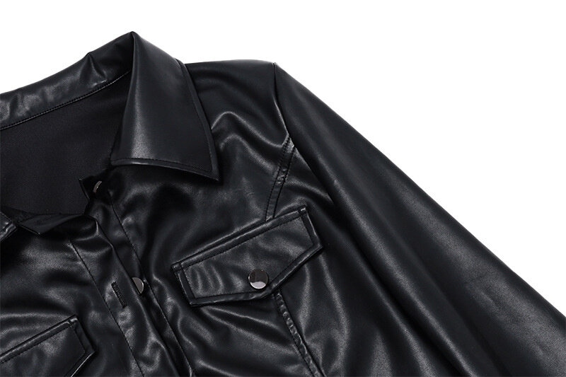 Frauen Kunstleder Jacke solide Mode Street Style Langarm Button Down Mäntel Frühling Herbst Outwear Revers Crop Tops schwarz