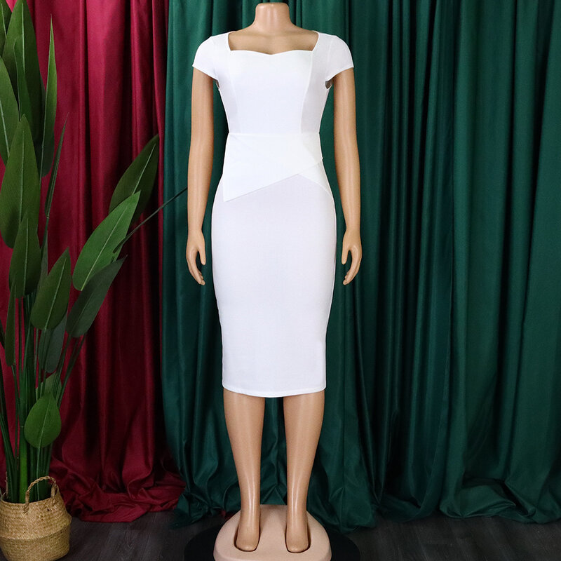 Женское облегающее платье средней длины, элегантное однотонное Деловое платье с квадратным вырезом, коротким рукавом и оборками на подоле, лето