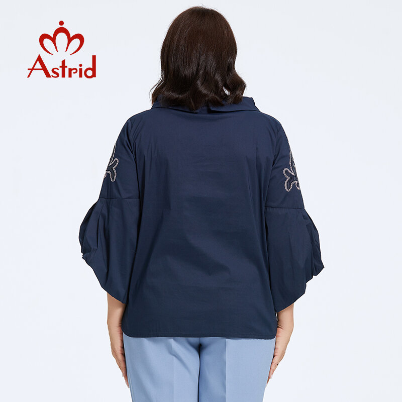 Astrid-t-shirt das mulheres, tamanho grande, solto, top bonito, com manga queimada, gola alta, diamantes, roupas de moda