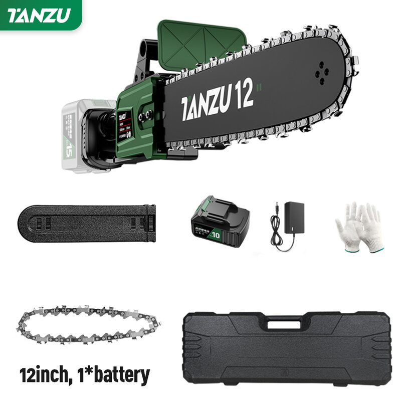TANZU-sierra de cadena eléctrica sin escobillas, herramienta de corte de carpintería, máquina cortadora de ramas de jardín, 6, 8, 12, 16 pulgadas, 21V