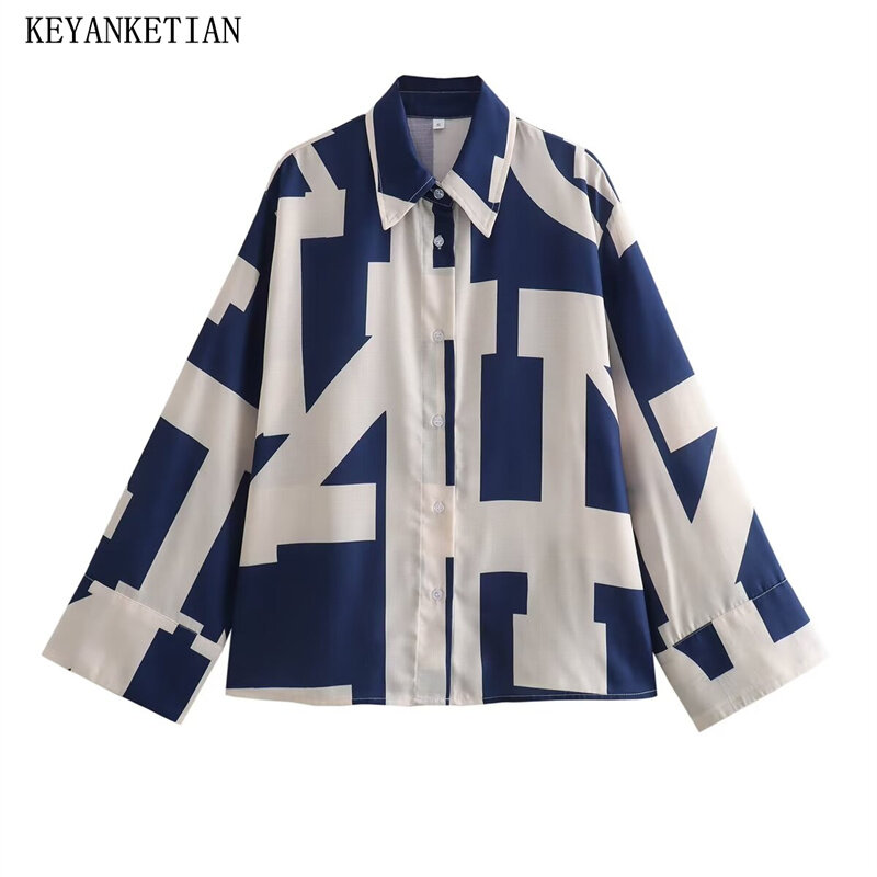 Keyanketian เสื้อเบลาส์ทรงหลวมกระดุมแถวเดียวทรงเรขาคณิตสีฟ้าและสีขาวสำหรับผู้หญิงพิมพ์ลายเสื้อ2024เปิดตัวใหม่