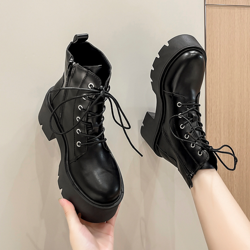 Black Chunky Platform Ankle Boots for Women 2023 Spring Thick Bottom Lace Up Shoes Woman Retro White Pu Leather Short Boots