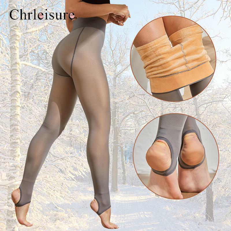 CHRLEISURE-pantimedias cálidas de invierno para mujer, pantimedias de forro polar Sexy, medias térmicas de cintura alta, medias translúcidas falsas