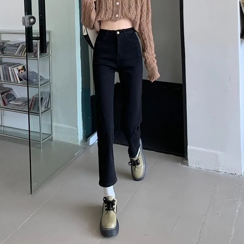 여성 하이웨이스트 슬림 디자인 스트랩 기모 팬츠, 심플하고 세련된 레트로 마이크로 기모 청바지, 여름 신상, 2023