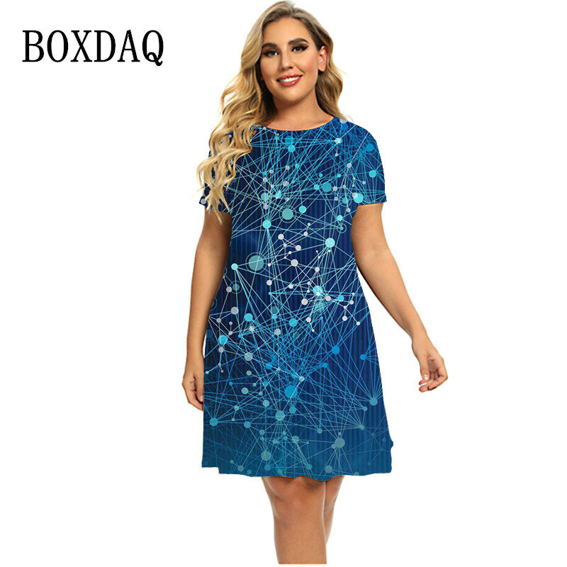6XL Plus Size Women Clothing Summer Short Sleeve Round Neck Loose Dress Casual Fashion Hot Sale New Pattern Print A-Line Dress