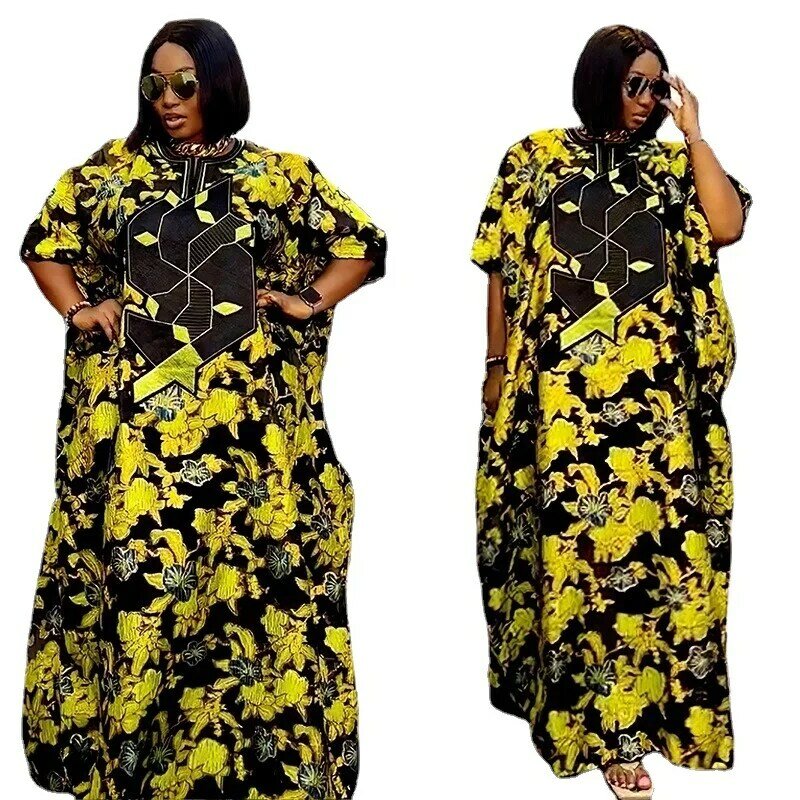 Платья с Африканским принтом для женщин 2023, традиционное нигерийское синее желтое платье Caftan, свободное платье, Abaya Musulman Robe Femme, африканская одежда