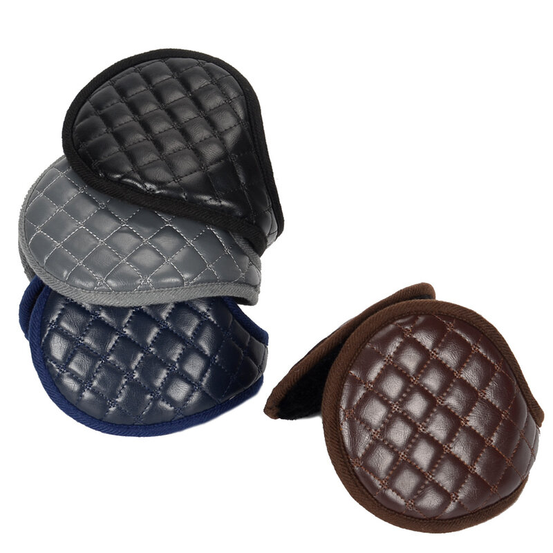 New in Lingge Ear Warmer Winter Earmuffs for Men's Outdoor Thickened Warm Waterproof Fashion Plush PU Leather Folding Ear Cover