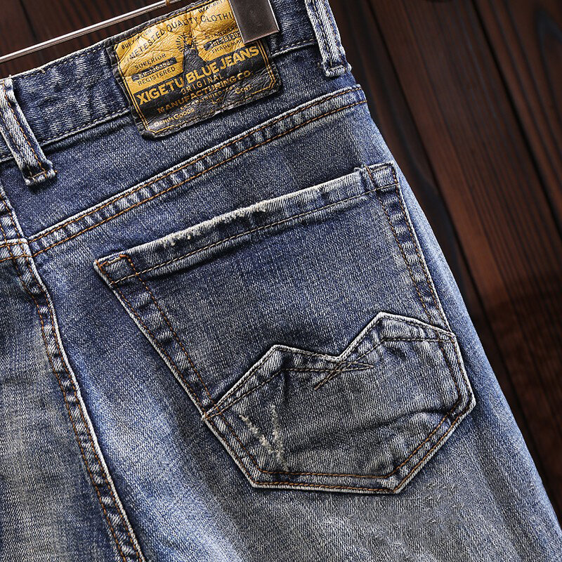 แฟชั่นผู้ชายกางเกงยีนส์ Retro Blue Slim Fit Hole Patched กางเกงยีนส์แต่งลายขาดๆกางเกงอิตาเลี่ยนสไตล์ Vintage กางเกงยีนส์ Hombre