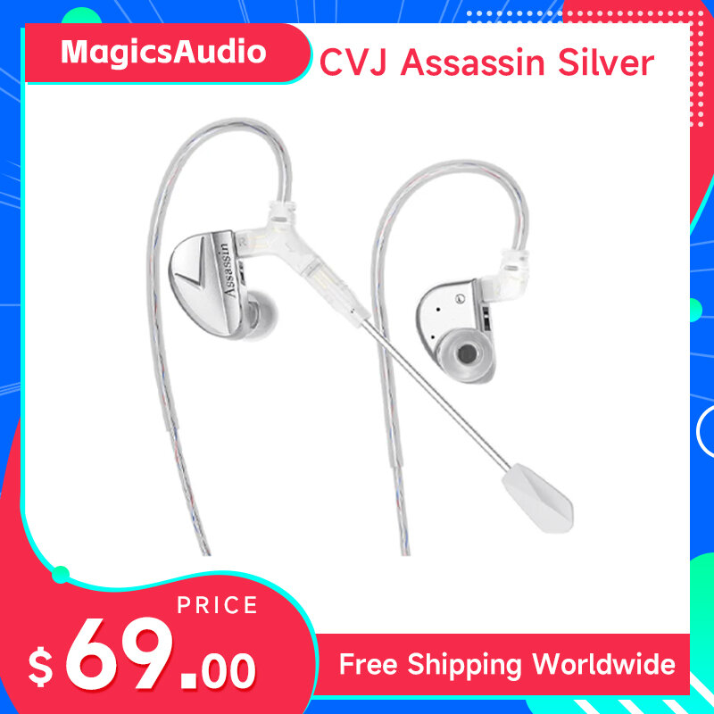 CVJ-Assassin Silver In Ear Earphones, 1BA + 1DD + 1 vibrar o modo de jogo, microfone HIFI, híbrido Tuning Switch, fones com fio, IEM Headphone