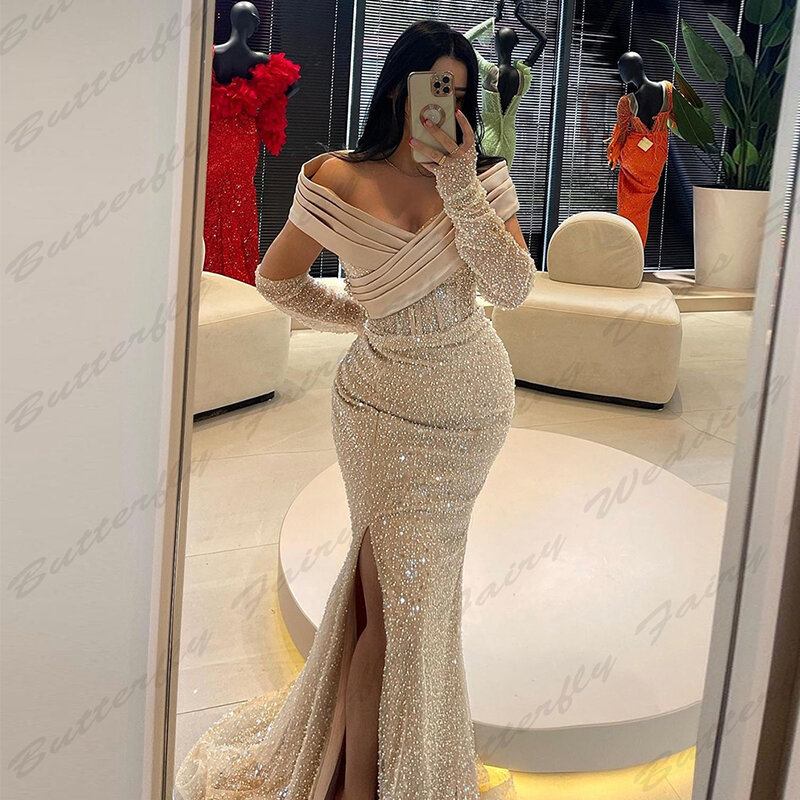 Luxurious Sparkling New Evening Dresses For Women Sexy Mermaid Off Shoulder Short Sleeve High Split Elegant Party Prom Gowns
