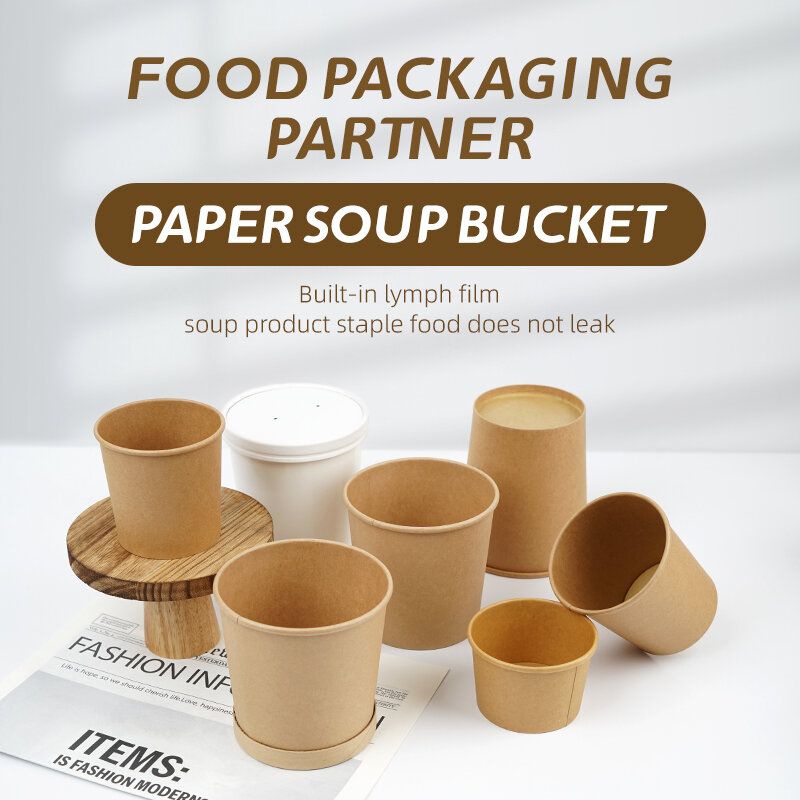 Prodotto personalizzato contenitore usa e getta economico secchio ecologico estrarre la ciotola per zuppa di carta Kraft con coperchio